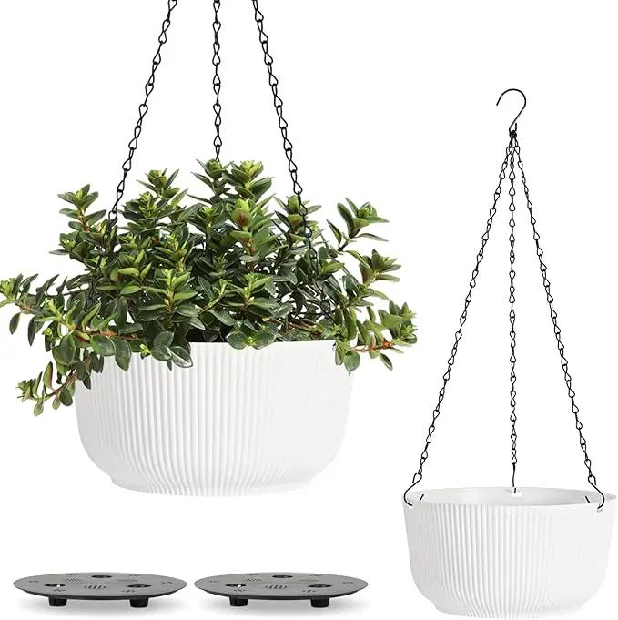 T4U 10 Inch Hanging Planters for Indoor Outdoor Plants, 2 Pack White Self Watering Hanging Plant Pot, Hanging Pots Set with Drainage Hole & Plug & Chain with 3 Hooks for Garden Home Decor by GreenHaven Gardens
