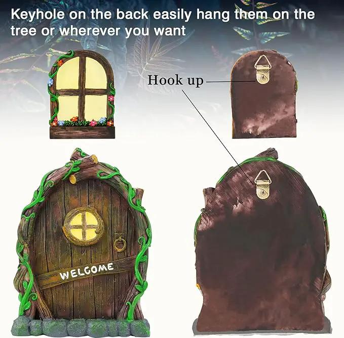 Resin Fairy Door & Window Set with Glow in The Dark Windows, Miniature Sculpture for Trees, Outdoor Decor Accessories by GreenHaven Gardens