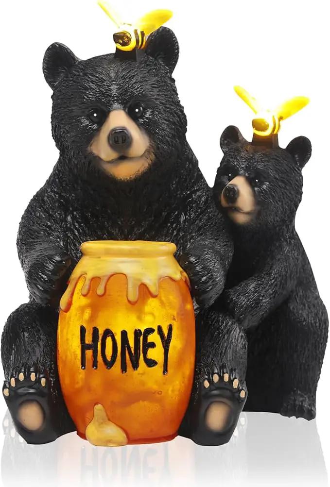 Solar Garden Decor Statues 7" Resin Mother&Cub Bear Figurines with Honey Jar Waterproof Black Bear Decor for Outside Yard Patio Porch Decoration Gift for Mom Grandma by GreenHaven Gardens