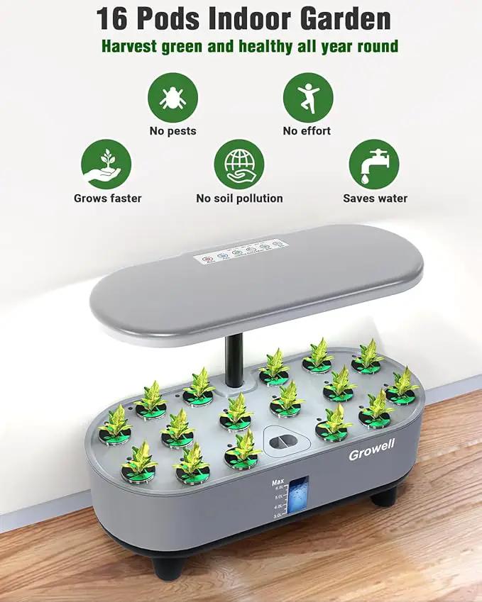 Hydroponics Growing System Kit, 16 Pods Indoor Garden with 28W Full Spectrum LED Grow Light, Auto Timer, 3 Smart Light Modes, 8L Large Herb Garden, Ideal Gardening Gift for Women, Men (Gray) by GreenHaven Gardens