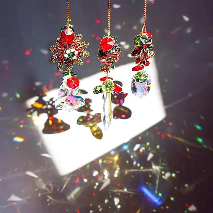 3 Pack Crystal Christmas Ornaments, Glass Rainbow Rhinestones Sun Catcher Prisms with Christmas Wreath Snowflake Bells,Suncatcher Hanging Crystal Pendants for Window Christmas Home Decor by GreenHaven Gardens