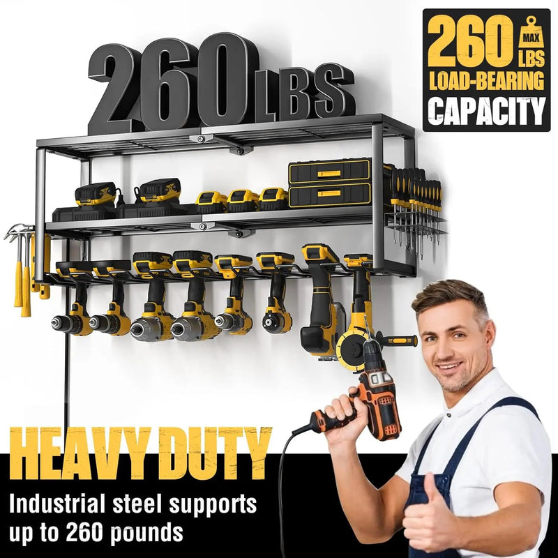 YYR Heavy Duty Power Tool Organizer with Charging Station, Cordless Drill Hanger Storage Rack, Battery Tools Holder Wall Mount Shelf for Garage - 32 Inch Equipped with Surge Protection Power Strip by GreenHaven Gardens