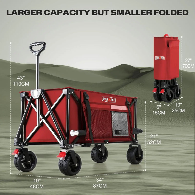 Overmont Collapsible Wagon Cart with Wheels - 180L Foldable Heavy Duty Wagon with Big All-Terrain Wheels - 330Lbs Weight Capacity with Side Pockets for Camping Sports Garden Grocery Shopping red by GreenHaven Gardens