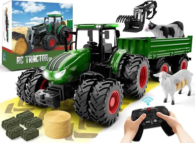 Remote Control Tractor Toy, Kids RC Tractor Set & Truck and Trailer Front Loader - Metal Car Head/8 Wheel/Light, Toddlers Farm Vehicle Toys for 3 4 5 6 7 8 9 Year Old Boys Girls Birthday Gift by GreenHaven Gardens