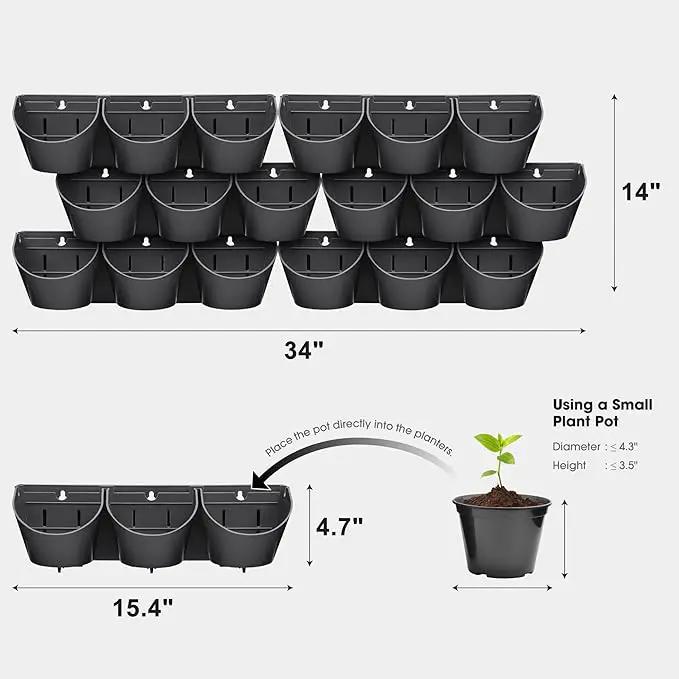 Worth Garden Upgraded 6 Sets (18 Pockets) Self Watering Stackable Vertical Planters - Wall Mounted Plastic Plant Grow Pots fr Strawberries Flowers Herbs - Indoor Outdoor Green Wall Decoration (Black) by GreenHaven Gardens