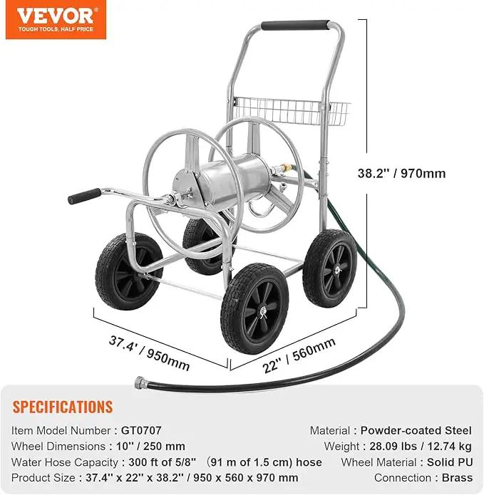 VEVOR Hose Reel Cart, Hold Up to 300 ft of 5/8’’ Hose, Garden Water Hose Carts Mobile Tools with 4 Wheels, Heavy Duty Powder-Coated Steel Outdoor Planting with Storage Basket, for Garden, Yard, Lawn by GreenHaven Gardens