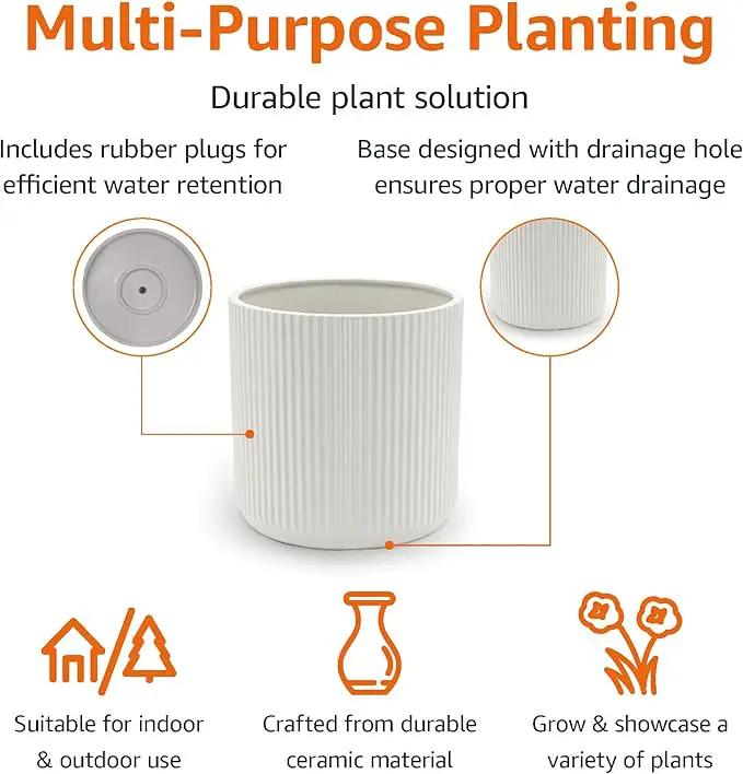Amazon Basics Fluted Ceramic Round Planter, 8-Inch, White by GreenHaven Gardens