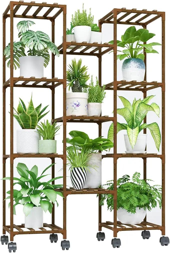 Bamworld Plant Stand With Wheels Indoor Outdoor Wood Plants Shelf for Multiple Plants 11 Pots,Tall Large Flower Holder for Living Room, Patio, Balcony, Garden by GreenHaven Gardens
