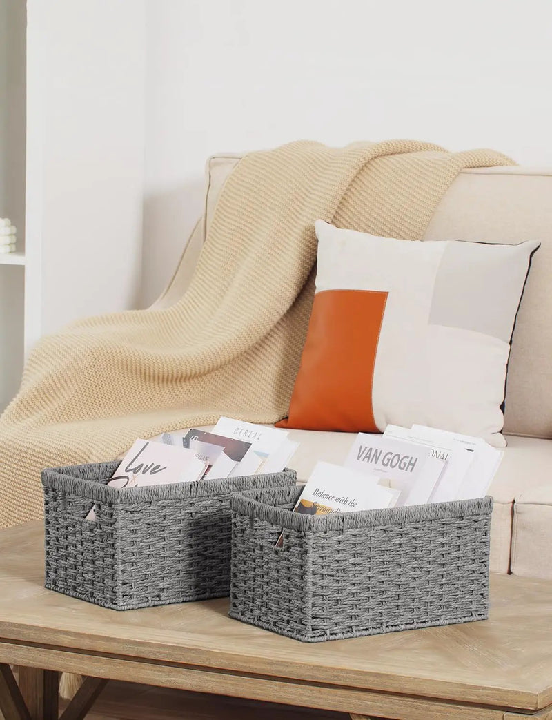 StorageWorks Round Paper Rope Storage Baskets, Rectangular Wicker Baskets with Built-in Handles, Gray, 2-Pack by GreenHaven Gardens