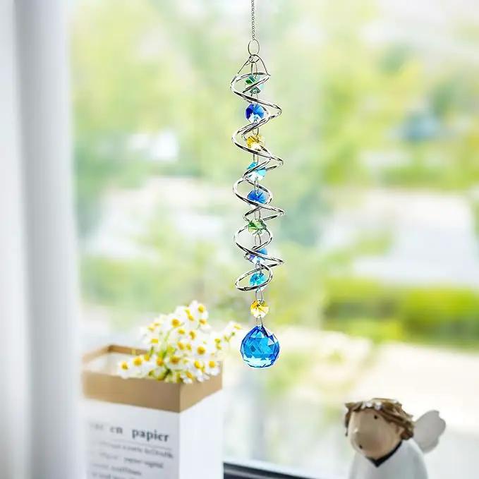 H&D HYALINE & DORA 17.7inch Gazing Ball Spiral Tail,Decorative Wind Spinner Sun Catcher,Rainbow Maker Double-Spiral W/Sea Blue Crystal Ball and Chain,Glass Crystals for Indoor Outdoor Decoration by GreenHaven Gardens