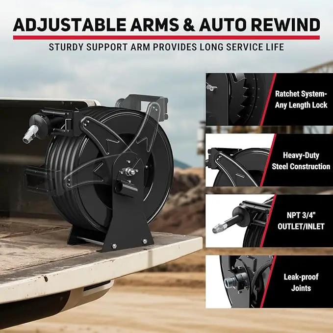 Fuel Hose Reel 3/4" x 50FT Retractable Diesel Hose Reel 300PSI Ratchet Spring Driven Hose Holder Reel Heavy Duty Industrial Steel with Fueling Nozzle for Aircraft Tank Truck Trailer Ship, Black by GreenHaven Gardens