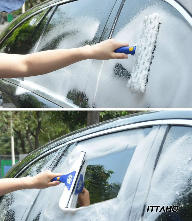 ITTAHO Squeegee for Window Cleaning,12" Squeegee and 11" Microfiber Scrubber Combi with Stainless Steel Pole,Extendable Window Cleaner for Car,Sliding Door,Shower Glass Door-Swivel Style-2 Pads by GreenHaven Gardens