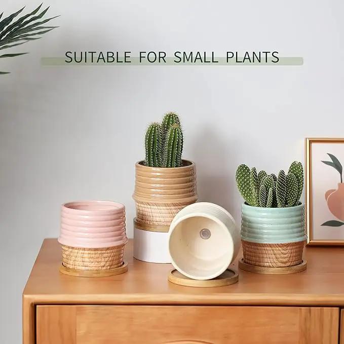 OMAYKEY 4 Inch Ceramic Plant Pot with Saucer, Water Transfer Printing Grain Planters Pots with Drainage Hole & Mesh Pads for Succulent, Indoor Flowers, Snake Plants, Cactus, Herbs, Set of 4 by GreenHaven Gardens