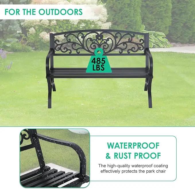 FDW Outdoor 50 Inches Garden Bench, Slatted Seat Armrests Floral Design Backres and Arch Legs, Perfect for Park, Yard, Porch, Lawn, Balcony, Backyard, Black by GreenHaven Gardens