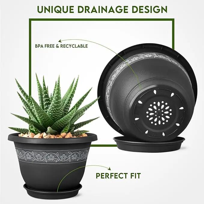 8 Inch Plant Pots with Drainage Hole - Lightweight Flower Pots for Herbs and Flowers - Home Decor Plastic Planters for Indoor Outdoor Plants- Pack of 6 (Black, 8 inch) by GreenHaven Gardens