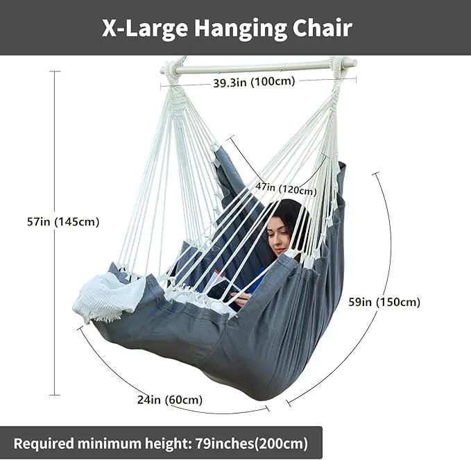 Hanging Hammock Chair Swing MAX 500 lbs Outdoor Hanging Chair with Footrest Indoor Swing Chair with Portable Steel Spreader Bar and Hardware Kit for Bedroom Living Room Patio Porch - Dark Grey by GreenHaven Gardens