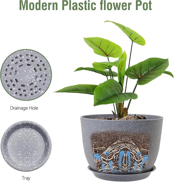 Plant Pots 12 inch, Plastic Planters with Drainage Holes and Saucers, Large Flower Pots for Indoor Outdoor Plants, Modern Decorative Pots for Garden House Plants, Speckled Grey by GreenHaven Gardens