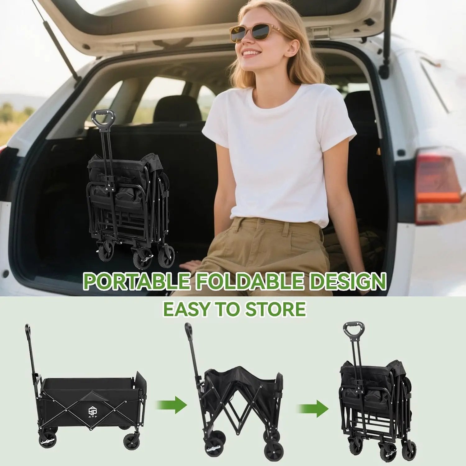 AYP Collapsible Wagon Cart Foldable with Wheels, Beach Wagon with Extended Tailgate & Brake, Heavy Duty Rolling Carts for Garden, Grocery Shopping, Camping, Outdoor Sports, Yard Work, Fishing by GreenHaven Gardens