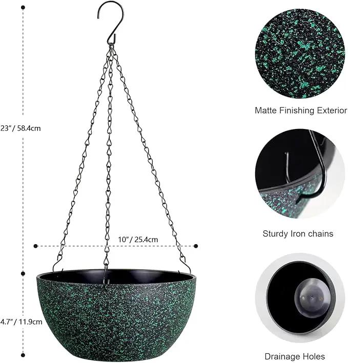 10 inch Hanging Planters for Indoor Outdoor Plants, 2 Pack Hanging Flower Pots with Drainage Holes and Chain for Garden, Plastic Hanging Baskets for House Plants, Black with Green Speckles by GreenHaven Gardens