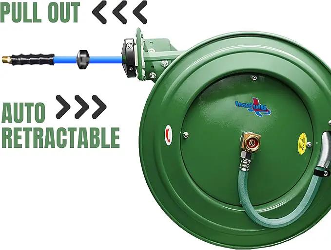 Auto Retractable Water Hose Reel with Hot & Cold Water Rubber Garden Hose, Spray Nozzle - Ultra Light, Super Strong with 6' Lead-in Hose (5/8” x 50’ Green) by GreenHaven Gardens