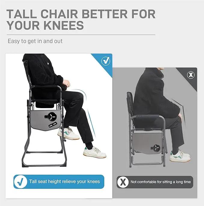 EVER ADVANCED Portable 30.7" Seat Height Tall Folding Camping Chair Directors Chair High Foldable Bar Stool with Side Table for Makeup Artist, Sports Event, Craft Show, Supports 350LBS Black Grey by GreenHaven Gardens