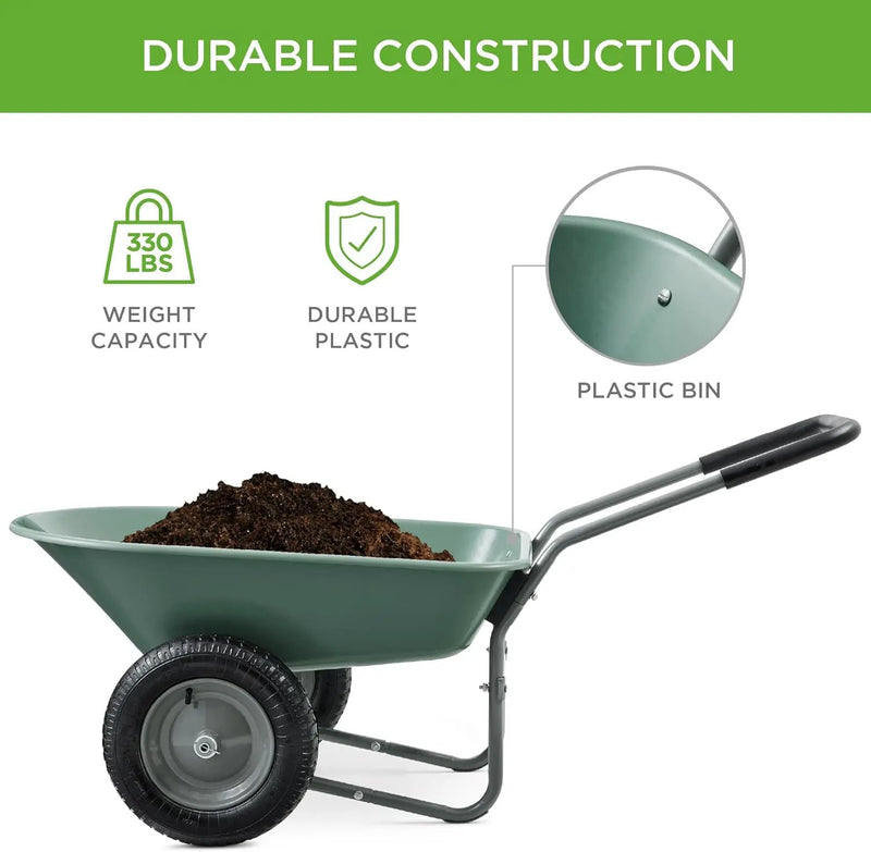 Best Choice Products Dual-Wheel Home Utility Yard Wheelbarrow Garden Cart w/Built-in Stand for Lawn, Gardening, Construction - Seafoam by GreenHaven Gardens