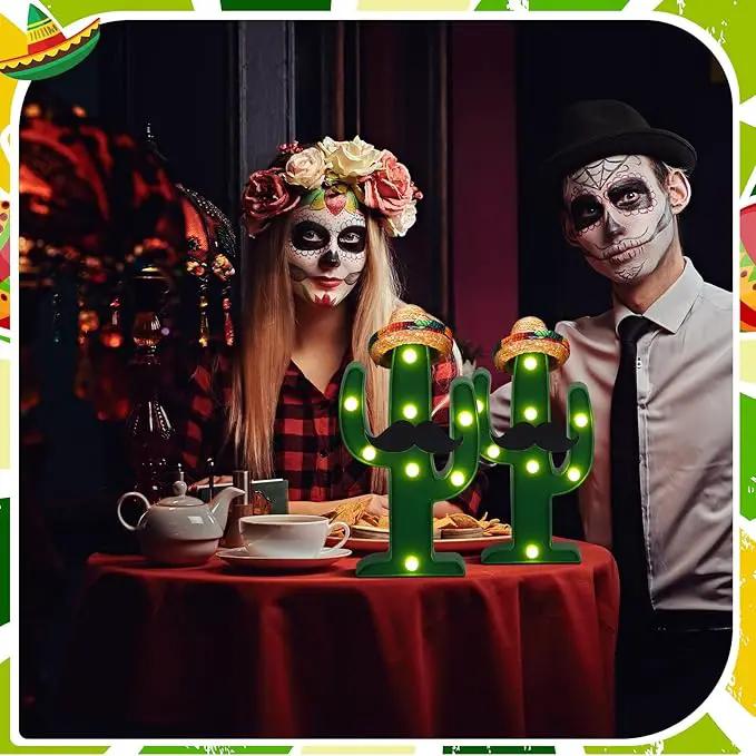 12 Pcs Cinco de Mayo LED Cactus Light with Mini Sombrero Straw Hats and Fake Beard Cinco De Mayo Table Decor Mexican Party Supplies for Table Room Bedroom Party Decoration (4.72 x 2.76 Inch) by GreenHaven Gardens