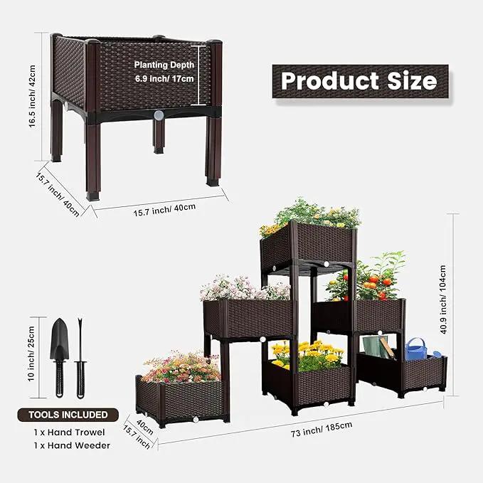 MAYOLIAH Raised Garden Bed with Drainage Elevated Planter Box Plastic Raised Beds for Gardening Vegetables Herb Flowers, Perfect for Indoor Outdoor Planting, 6 Boxes Brown by GreenHaven Gardens