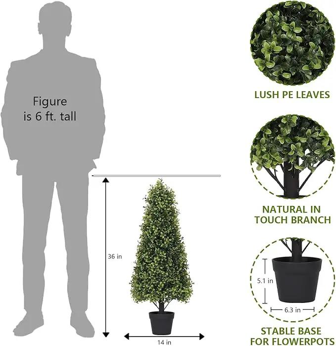 3ft Artificial Boxwood Topiary Trees (Set of 2) - UV Resistant Faux Plants Outdoor, Realistic 36in Fake Cone Bushes and Shrubs for Front Porch, Planter, Patio - Low Maintenance & Evergreen by GreenHaven Gardens