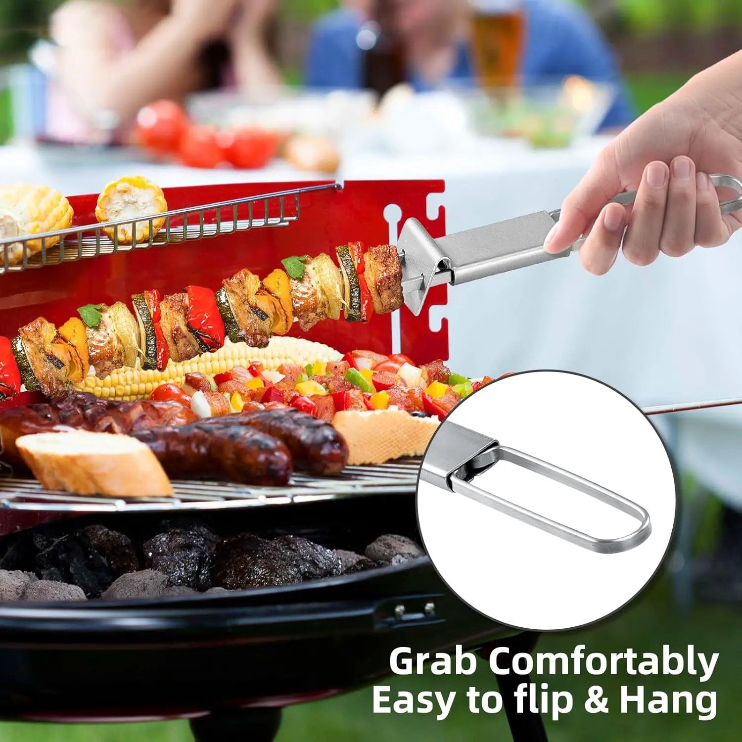 Skewers for Grilling - 13" Kabob Skewers with Push Bar Double Pronged Anti-Roll Metal Skewer for Kabobs, Stainless Steel Reusable BBQ Skewer for Grilling,Ideal for Meat Shrimp Vegetable 6pcs by GreenHaven Gardens