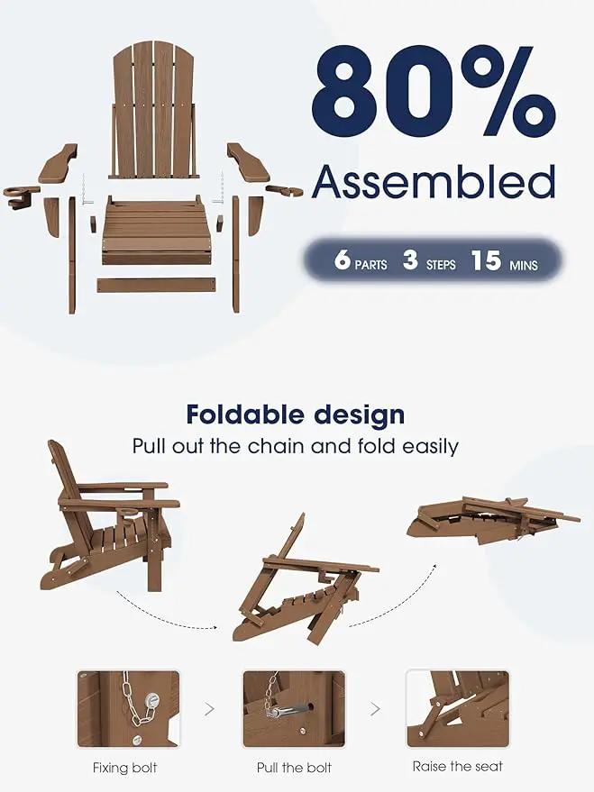 KINGYES Folding Adirondack Chair Set of 8, Dual Cup Holders & All-Weather HDPE, Wood-Like Patio Chair for Backyard, Camping, Pool & Fire Pit, Brown by GreenHaven Gardens
