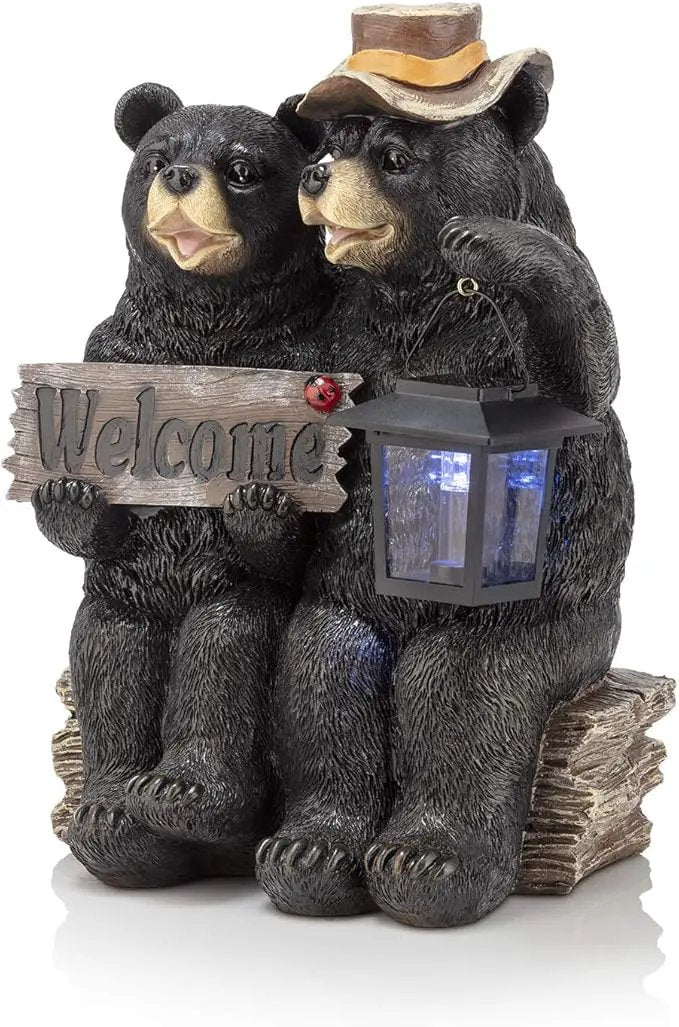 Alpine Corporation 15" Tall Outdoor Bear Couple with Lantern and Welcome Sign Statue with Solar LED Light Yard Art Decoration by GreenHaven Gardens