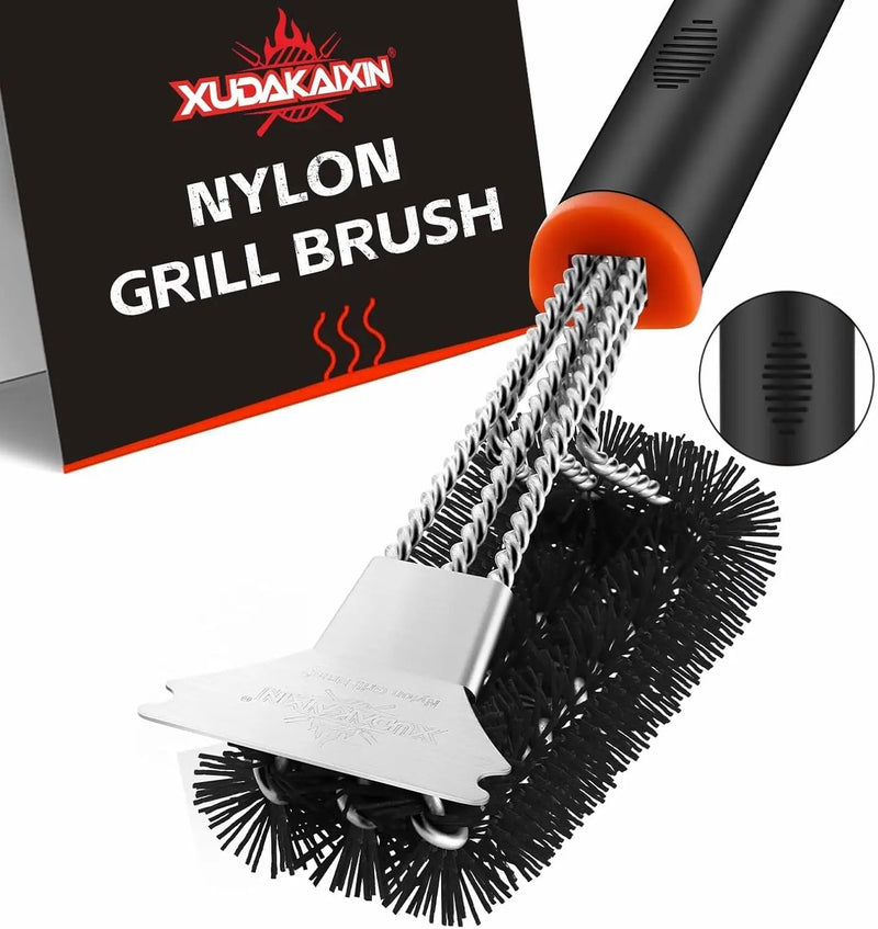 Grill Brush and Scraper, Safe Nylon Bristles Barbecue Triple Scrubbers Cleaning Brush for Cast Iron Grates/Porcelain/Weber Gas/Charcoal Grill，Extra Strong BBQ Cleaner Accessories (Black) by GreenHaven Gardens