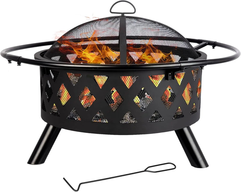 Red Mountain Valley 30'' Outdoor Wood Burning Fire Pit, 2-in-1 Large Round Fire Pit for Outside, Outdoor Fireplaces with Spark Screen, Fire Poker, Cover, Ideal for Patio, Backyard, Camping, Picnic by GreenHaven Gardens