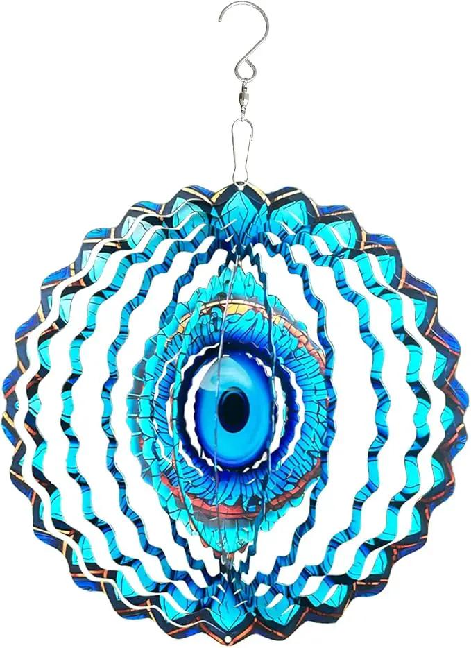 3D Wind Spinner Mandala 10 Inch Evil Eye Stainless Steel Wind Sculpture Blue Hanging Ornament Laser Cut Metal Art for Indoor Outdoor Garden Decoration Protective Amulet for Home and Yard by GreenHaven Gardens