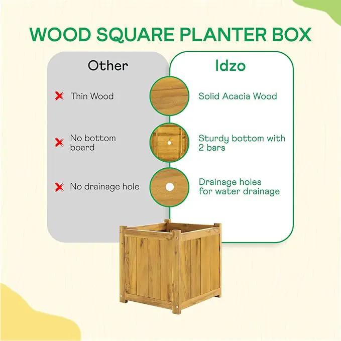 IDZO Acacia Wood Flower Planter Box for Outdoor Plants, 1pc Wooden Raised Garden Bed with Handles, Drainage Holes, Ideal for Garden and Home Décor, Golden Teak by GreenHaven Gardens