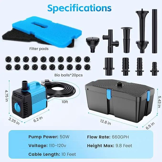 Pond Filter with Fountain Pump Kits, 660GPH Pond Pump and Filter Kit with 50W Submersible Water Pump, Pond Filters for Outdoor Ponds Clean Koi Pond Filter by GreenHaven Gardens