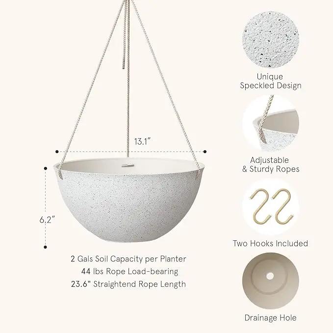 LA JOLIE MUSE Large Hanging Planters for Outdoor Plants - 13 Inch Hanging Flower Pots Set of 2, Speckled White by GreenHaven Gardens