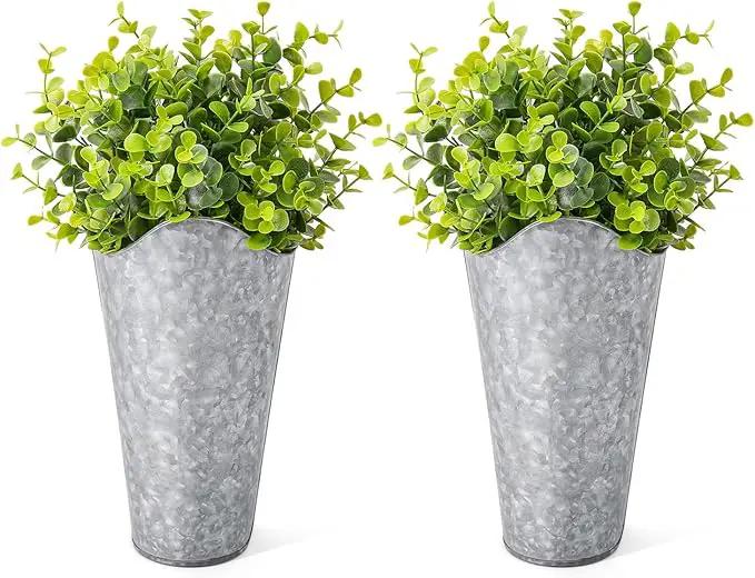 Dahey 2 Pack Galvanized Metal Wall Planter with Artificial Eucalyptus Farmhouse Decor Hanging Wall Vase Planters Flowers Holder for Country Rustic Home Wall Decor,Silver by GreenHaven Gardens