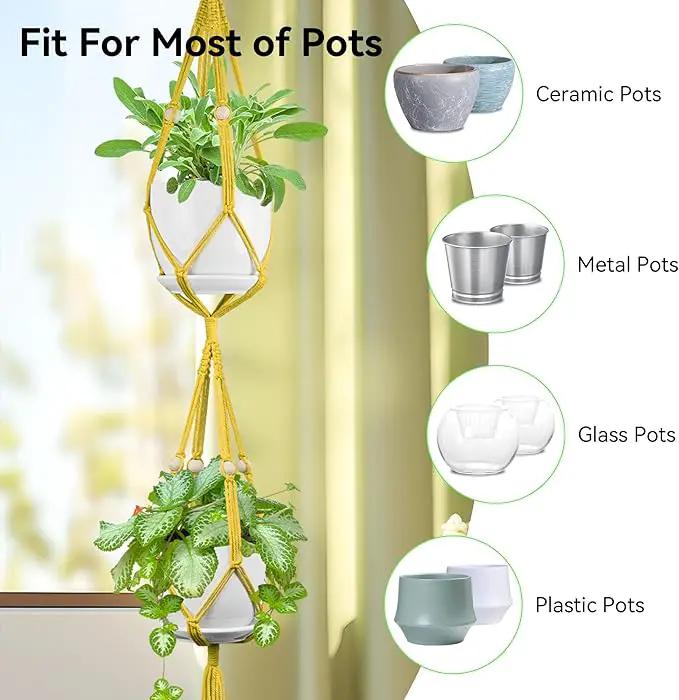 USLAI Macrame Plant Hanger Indoor Outdoor, Up to 4-15 inch Pot, Heavy 20lb Planters, Extra Long Strong Hanging Planter Basket Holder, Boho Home Decor, 49+72 Inch, Yellow (POTS NOT Included) by GreenHaven Gardens