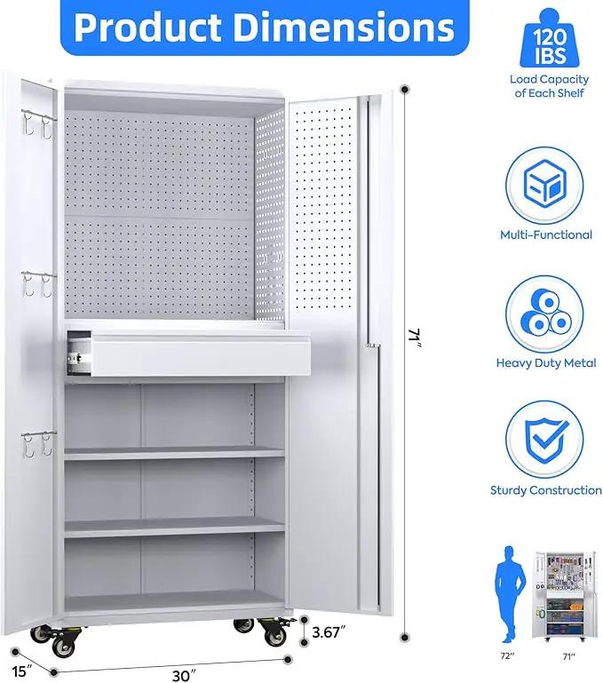 Metal Garage Cabinet with Wheels,71''H Rolling Lockable Steel Tool Cabinet with Pegboard & Drawer for Garage,Home,Office Assembly Required,White by GreenHaven Gardens