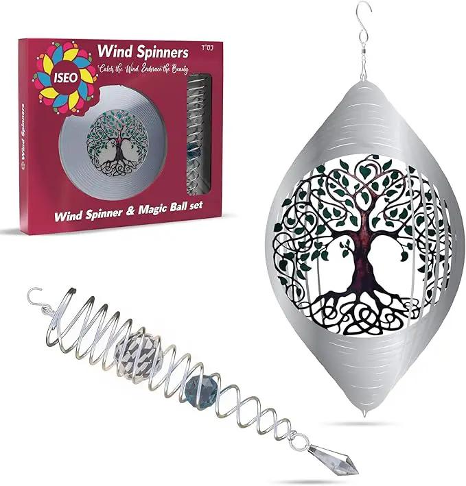 ISEO Tree of Life Wind Spinner Outdoor and Gazing Ball Set, Metal Yard and Garden Decoration, Weather-Resistant Wind Spinners for Outdoor, 6.5" Cool Garden Décor, Perfect Wind Spinner Gift by GreenHaven Gardens