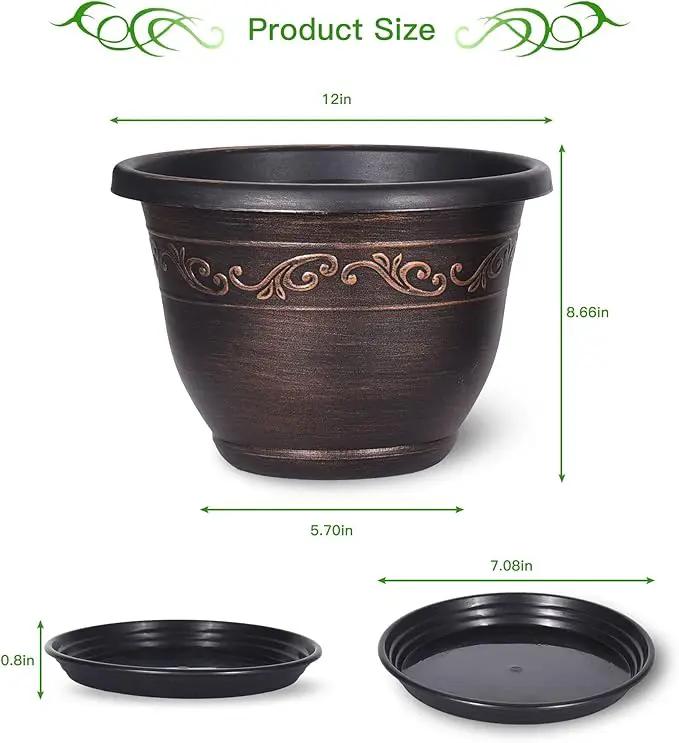 Plastic-Plant-Flower-Planters-12 Inch with Drainage Hole & Saucer, 3 Packs Lightweight Small Resin Flower Pot Indoor Outdoor, Retro Antique Imitation Decorative Garden Containers Sets for Houseplants by GreenHaven Gardens