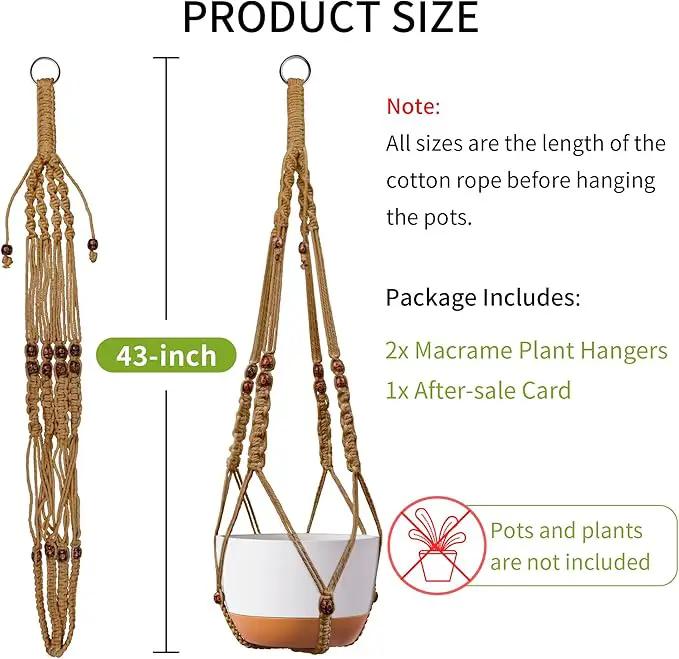 43 Inch Macrame Plant Hanger - Fits 6-15 Inch Pots, Extra Long Hanging Planter Holder for Indoor Outdoor, with Red Wood Beads, Boho Home Decor, 2 Pack, Brown (POTS NOT Included) by GreenHaven Gardens
