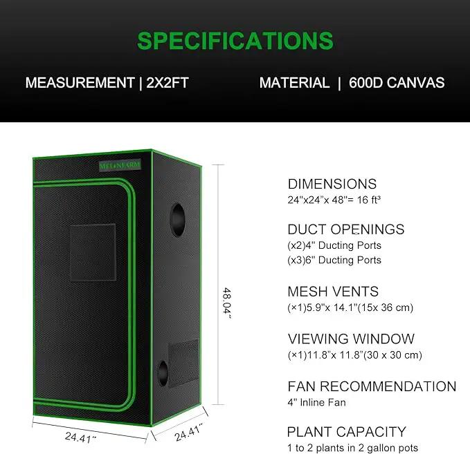 MELONFARM 2x2 Grow Tent, 24"x24"x48'' High Reflective 600D Diamond Mylar Canvas with Observation Window and Floor Tray for Hydroponic Indoor Plant Growing by GreenHaven Gardens