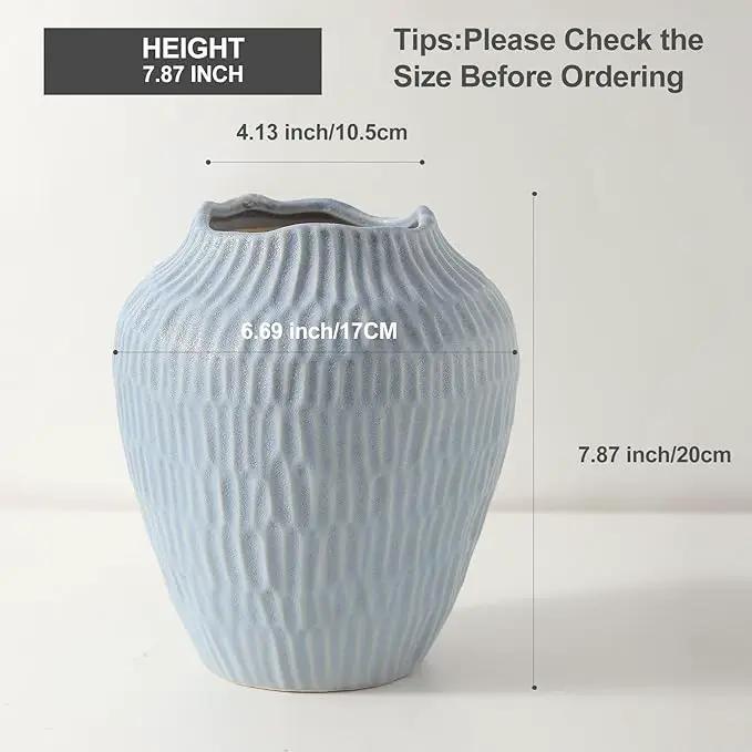 Ceramic Vase for Home Decor,7.8 Inch Flower Vases，Decorative Blue Vase for Pampas Grass，Modern Art Texture Vases for Home Entryway Living Room Dining Table Farmhouse Office Decor-Mat Blue by GreenHaven Gardens