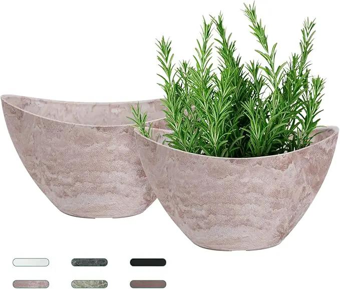 LaDoVita Plant Pots with Drainage Holes, 12 Inch Large Oval Planters for Indoor Plants, Plastic Flower Pots Outdoor, Set of 2 Pack, Brown by GreenHaven Gardens