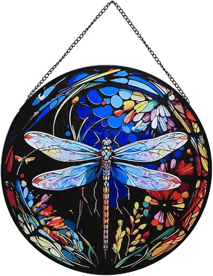 Hanging Stained Glass for Windows,20cm/7.87inch Dragonfly Hand-Painted Sun Catcher Garden Hangings Christmas Mother's Day, Valentine's Day Ornaments Festival Gift (A Style) by GreenHaven Gardens