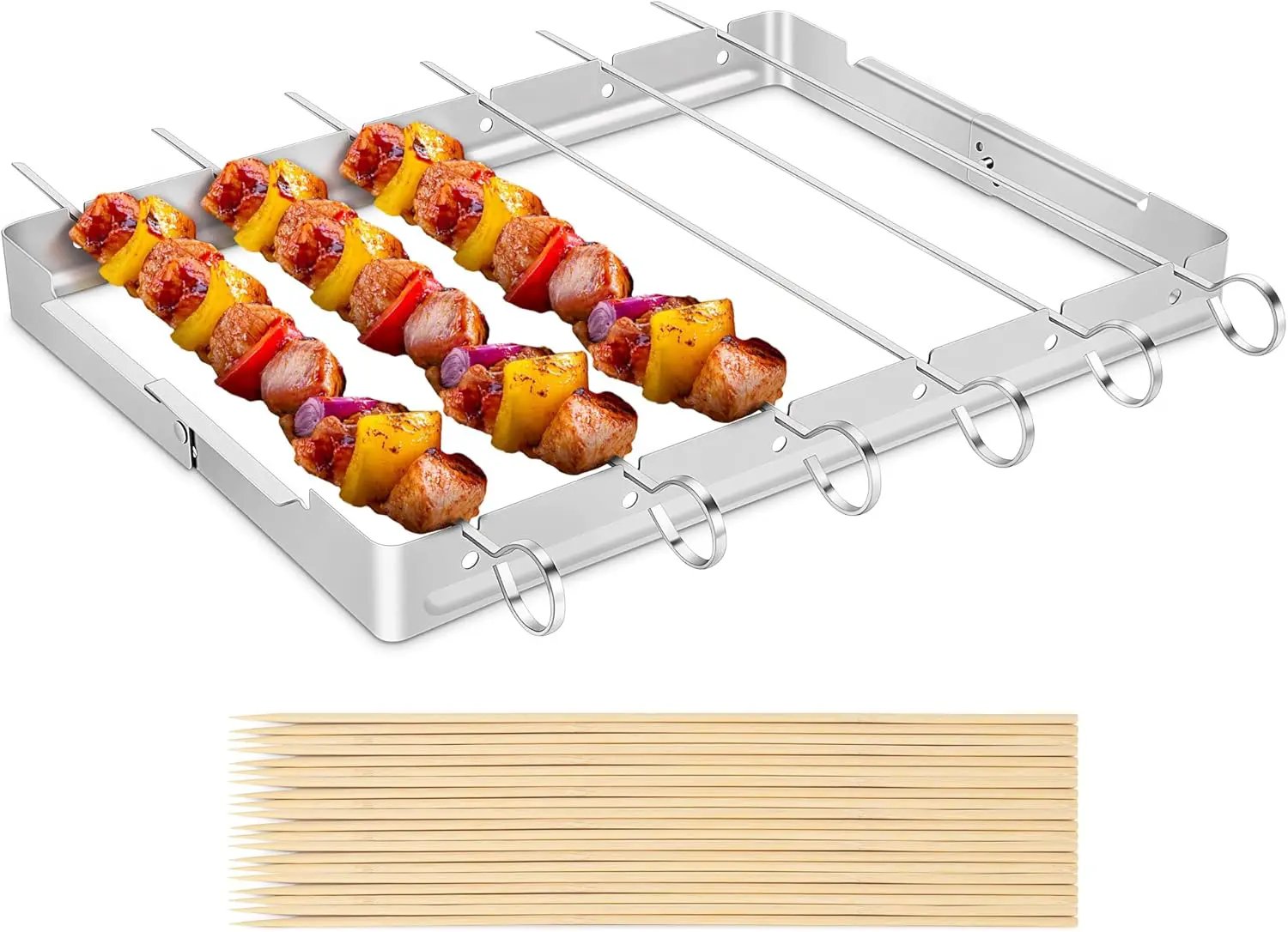 Unicook Stainless Steel BBQ Shish Kabob Set, Foldable Shish Kabob Holder with 6pcs 13"L Skewers, Reusable Grill Rack, Comes with 30pcs 12.5"L Bamboo Skewers for Party and Cookout by GreenHaven Gardens