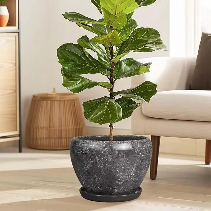 Ceramic Planters for Indoor Plants - 10 Inch Plant Pot with Drainage Hole and Saucer, Large Flower Pot for Home Decor, Gray by GreenHaven Gardens